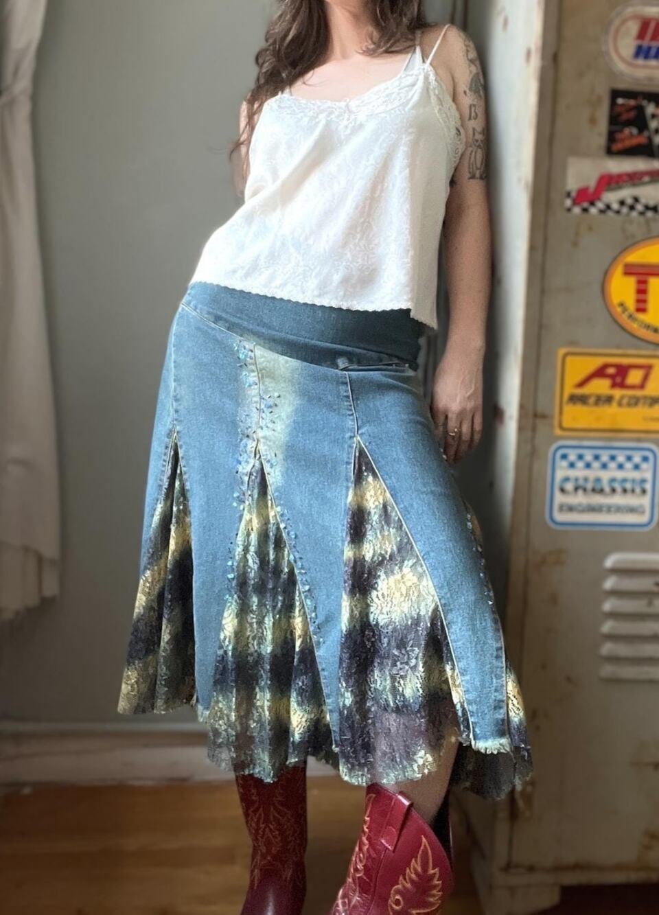 Vintage Y2K Denim Lace Panel Midi Skirt | Beaded Flare Skirt | Boho Western | M